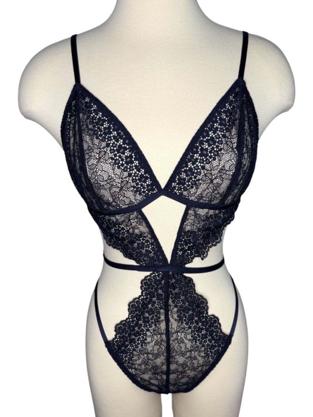 Victoria's Secret Navy Blue Sheer Lace Teddy Bodysuit Strappy Thong Lingerie L